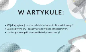 Grafika z tekstem "W ARTYKULE:" i listą pytań o urlop okolicznościowy.