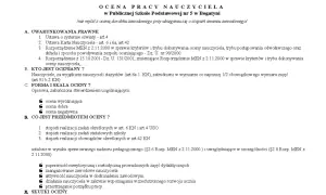 Fragment dokumentu "Ocena pracy nauczyciela" z nagłówkiem i listą punktów.