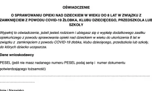Oświadczenie o sprawowaniu opieki nad dzieckiem do 8 lat w związku z zamknięciem placówki z powodu COVID-19.