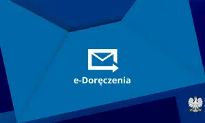 Ikona koperty z strzałką i napisem "e-Doręczenia" na niebieskim tle.