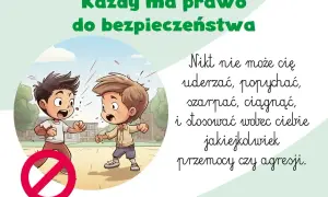 Ilustracja dwóch chłopców w szkole, jeden popycha drugiego, z przekreślonym znakiem zakazu.