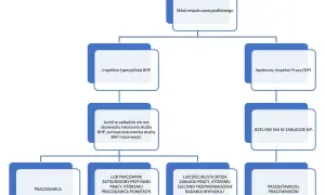 Schemat organizacyjny składu zespołu powypadkowego, z rolami Inspektora BHP, SIP i innych.