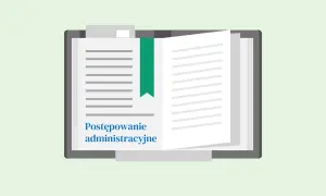 Otwarta księga z tekstem "Postępowanie administracyjne" i zieloną zakładką.