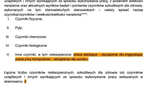 Fragment formularza dotyczący opisu warunków pracy, z wyszczególnionymi czynnikami fizycznymi, chemicznymi, biologicznymi i innymi.