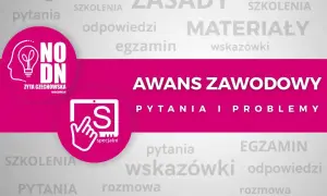Grafika z napisem "AWANS ZAWODOWY", ikoną żarówki i literą "S" na tle słów kluczowych.