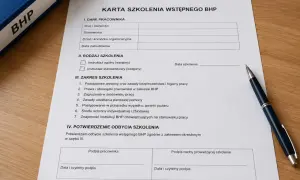 Karta szkolenia wstępnego BHP. Dokument zawiera pola do wpisania danych pracownika, rodzaju szkolenia (instruktaż ogólny lub stanowiskowy), zakresu szkolenia oraz potwierdzenia jego odbycia.