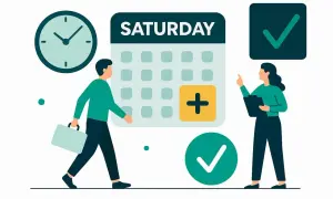 Ilustracja: kalendarz z napisem "SATURDAY", zegar, ludzie i zielone znaczniki wyboru.