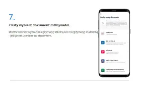 Telefon z aplikacją mObywatel, wyświetlający listę dokumentów do dodania.