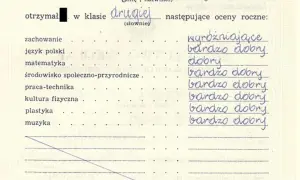 Fragment świadectwa szkolnego z ocenami rocznymi, m.in. z języka polskiego, matematyki, plastyki.