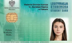 Legitymacja studencka AGH z chipem, godłem RP i zdjęciem studentki.