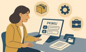 Kobieta pracuje przy laptopie z napisem PKWIU. Ikony symbolizują branże, a dokumenty sugerują ustalanie kodu zawodu.