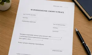 Dokument "Wypowiedzenie umowy o pracę przez pracodawcę" na drewnianym biurku, obok długopisu i książki.
