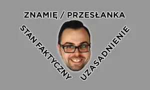 Uśmiechnięta twarz mężczyzny w okularach, otoczona tekstem: "ZNAMIĘ / PRZESŁANKA", "STAN FAKTYCZNY", "UZASADNIENIE".