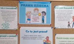 Plakat informacyjny o prawach dziecka w szkole z rysunkami dzieci i nauczycieli.
