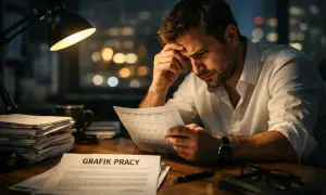 Zamyślony mężczyzna analizuje grafik pracy przy biurku. W niedzielę czeka go praca.