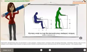 Kobieta z ołówkiem prezentuje wymiary wnęk na nogi dla stanowiska pracy siedzącej i stojącej, dbając o ergonomię.