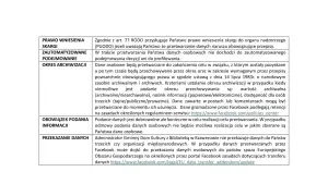 Tabela z informacjami o prawach i obowiązkach związanych z RODO, w tym o prawie do skargi i archiwizacji danych.