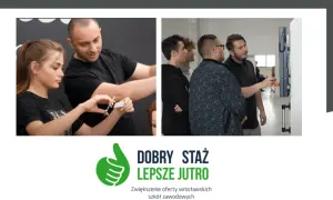 Dwóch mężczyzn i kobieta uczą się zawodu, jeden mężczyzna pokazuje coś na ekranie.