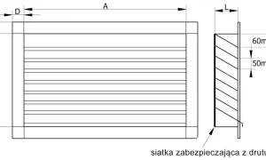 Schematyczny rysunek kratki z wymiarami. Odległość między liniami kratki wynosi 50mm, a grubość drutu D.