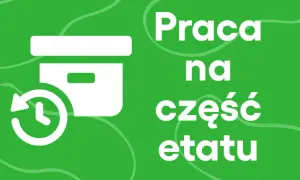 Ikona pudełka z zegarem i napis "Praca na część etatu" na zielonym tle.