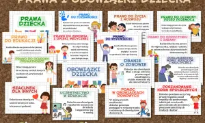 Ilustracja przedstawia schemat z prawami i obowiązkami dziecka, z ikonami i tekstem.