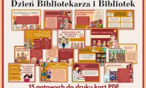 Ilustracja przedstawia kolaż z grafikami i tekstem na temat bibliotek i bibliotekarzy.