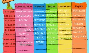Kolorowy plan lekcji klasy 5 z przedmiotami i godzinami.