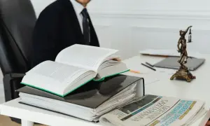 Otwarta księga prawnicza, akta i gazeta na biurku, obok statuetka Temidy.