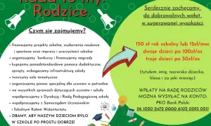 Grafika z napisem "Rada Rodzice", dzwonkiem, strzałką i ikonami edukacyjnymi.