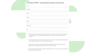 Formularz RODO z polami do wpisania danych osobowych i opcjami zgód.