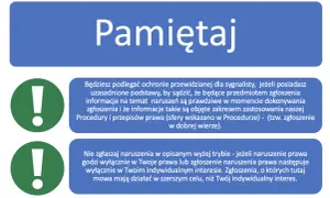 Dwa zielone wykrzykniki obok tekstu "Pamiętaj" i dwa bloki tekstu z informacjami.