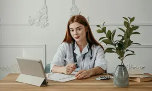 Lekarka w białym kitlu siedzi przy biurku, pisze w notatniku, obok tablet i leki.