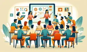 Ilustracja przedstawia szkolenie dla dorosłych, gdzie dwie kobiety prowadzą lekcję, a uczestnicy siedzą przy stołach z laptopami.