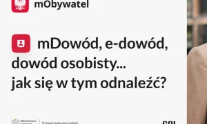 Grafika z logo mObywatel i tekstem: mDowód, e-dowód, dowód osobisty... jak się w tym odnaleźć?