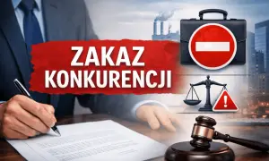 Dłoń pisząca na dokumencie, symbole zakazu, wagi sprawiedliwości i młotek sędziowski.