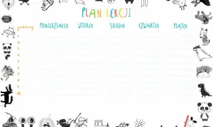 Ilustracja planu lekcji z zabawnymi zwierzętami i ikonami.