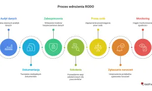 Schemat procesu wdrożenia RODO: audyt danych, dokumentacja, zabezpieczenia, prawa osób, szkolenia, zgłaszanie naruszeń, monitoring.