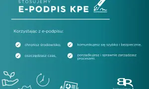 Grafika z tekstem "E-PODPIS KPE" i ikonami symbolizującymi korzyści z jego używania.
