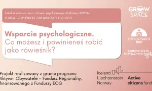 Grafika z dymkiem dialogowym zawierającym tekst o wsparciu psychologicznym dla młodzieży.
