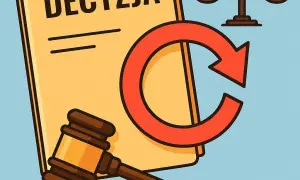 Ilustracja dokumentu z napisem "DECYZJA", młotka sędziowskiego, wagi i czerwonej strzałki w kształcie koła.