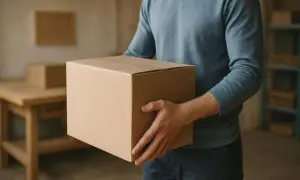 Mężczyzna w niebieskiej bluzie trzyma kartonowe pudełko.