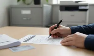 Osoba podpisuje wniosek, być może o duplikat świadectwa szkolnego. Na biurku leży też dokument tożsamości.
