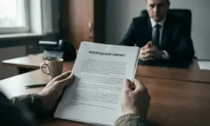 Mężczyzna trzyma dokument "Rozwiązanie umowy". W tle siedzi przełożony, czekając na decyzję.