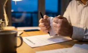 Zaciśnięte dłonie drą kartkę z kalendarzem, obok dokument "Wypowiedzenie". To symboliczny obraz 3-miesięcznego okresu wypowiedzenia umowy na czas nieokreślony.