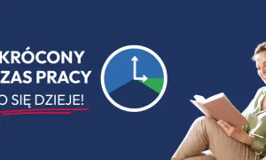Skrócony czas pracy to szansa na więcej wolnego. Uśmiechnięta kobieta czyta książkę, podczas gdy zegar symbolizuje krótszy dzień pracy.