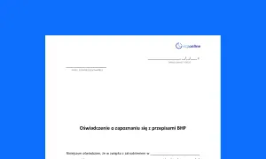 Oświadczenie pracownika o zapoznaniu się z przepisami BHP. Dokument zawiera pola na imię, nazwisko, miejscowość i datę.