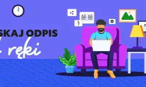 Ilustracja mężczyzny siedzącego w fotelu z laptopem, z tekstem "UZYSKAJ ODPIS od ręki".