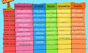 Kolorowy plan lekcji dla klasy 7 z podziałem na dni tygodnia i godziny.