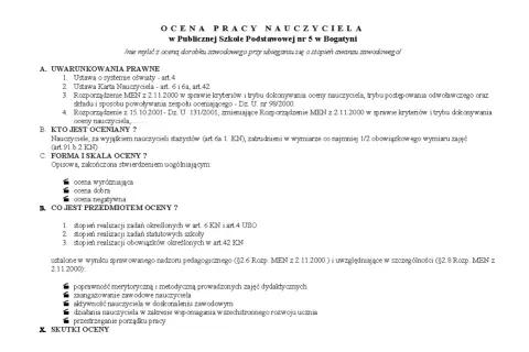 Fragment dokumentu "Ocena pracy nauczyciela" z nagłówkiem i listą punktów.