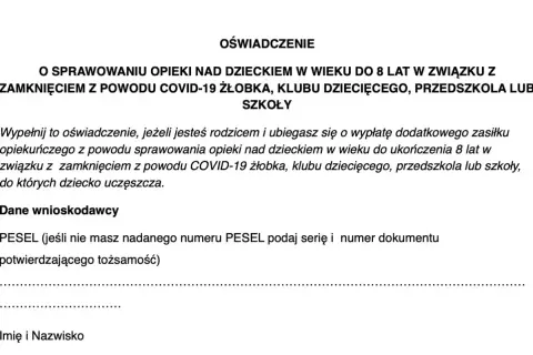 Oświadczenie o sprawowaniu opieki nad dzieckiem do 8 lat w związku z zamknięciem placówki z powodu COVID-19.